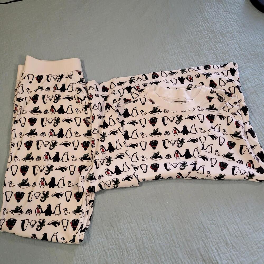 Amazon Essentials adult unisex pajama set white with penguins sz M 100% cotton